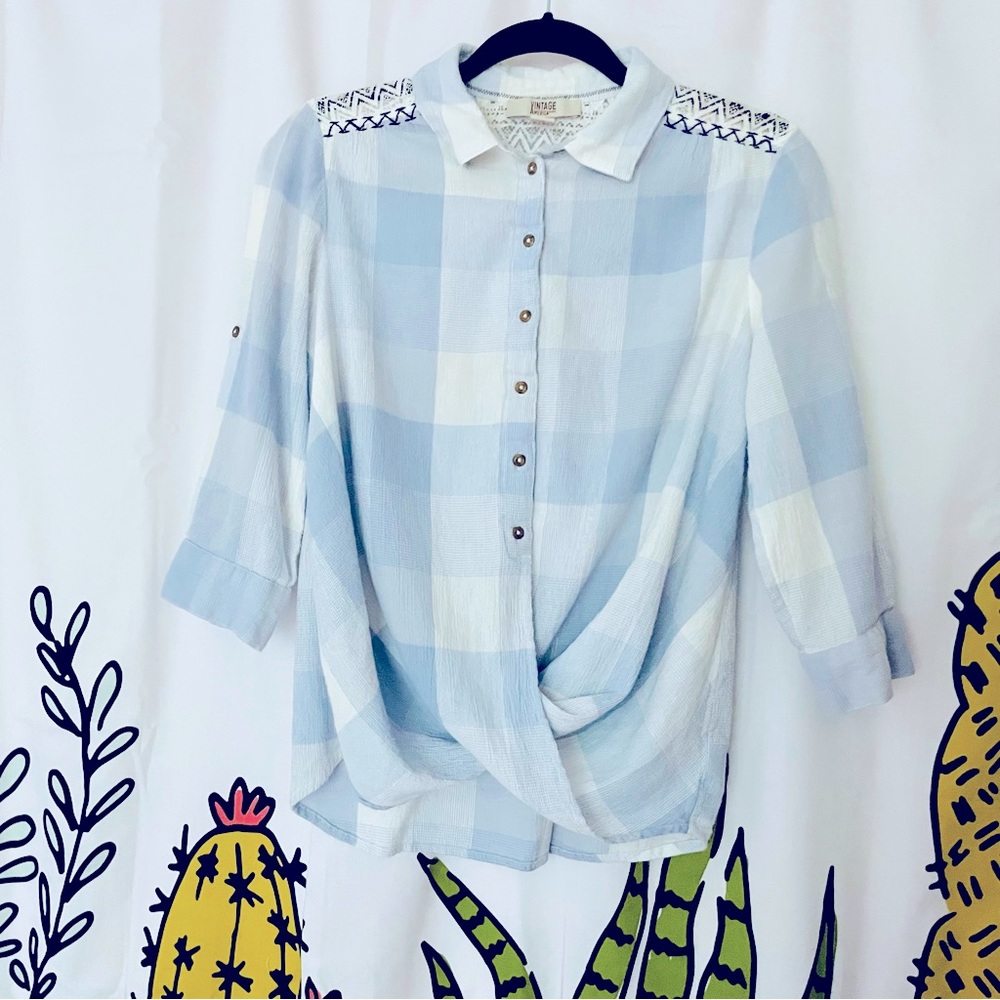 Vintage America Blues Checker Cross Front Women’s Small Top